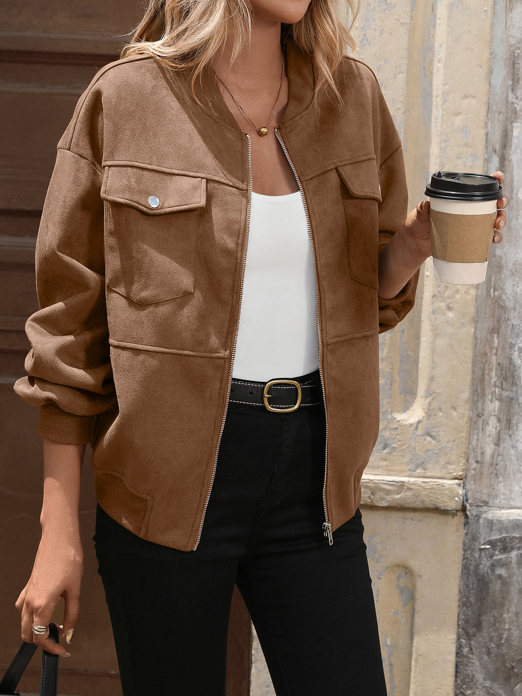 Faux Suede Flap Pocket Bomber Jacket