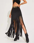 Chain Belt Fringe Trim Maxi Skirt - Black