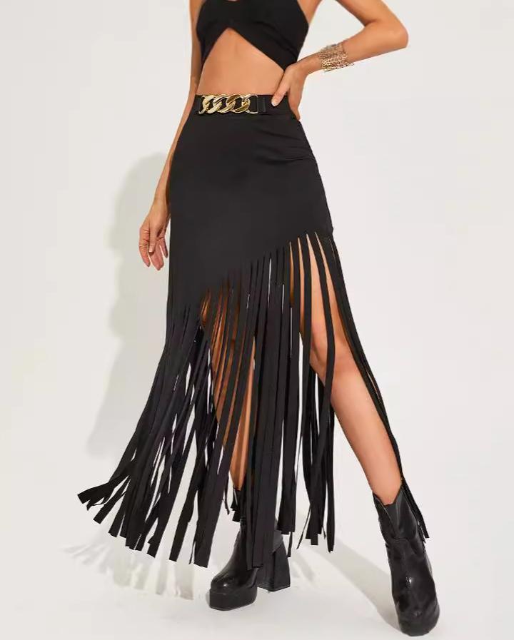 Chain Belt Fringe Trim Maxi Skirt - Black