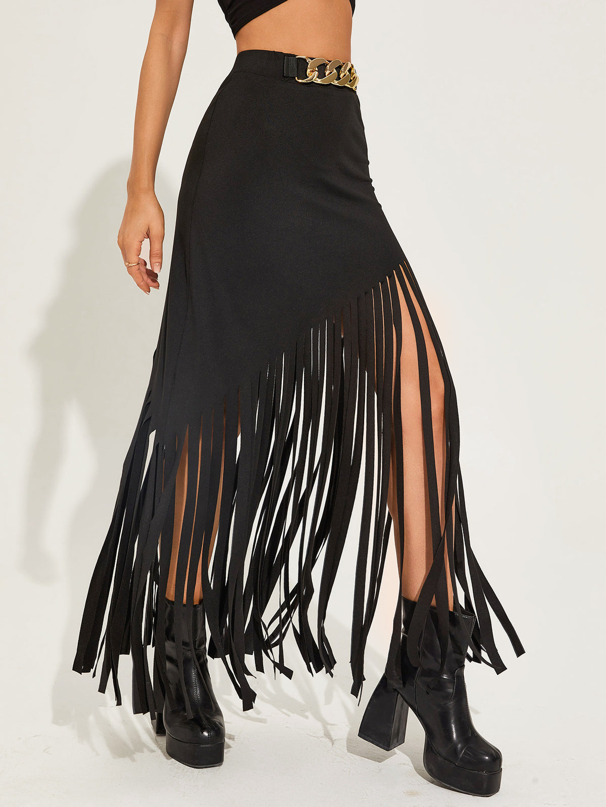 Chain Belt Fringe Trim Maxi Skirt - Black - 2