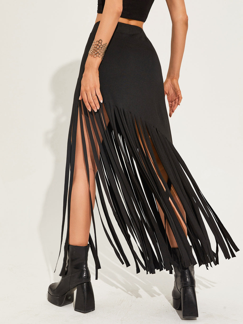 Chain Belt Fringe Trim Maxi Skirt - Black - 3