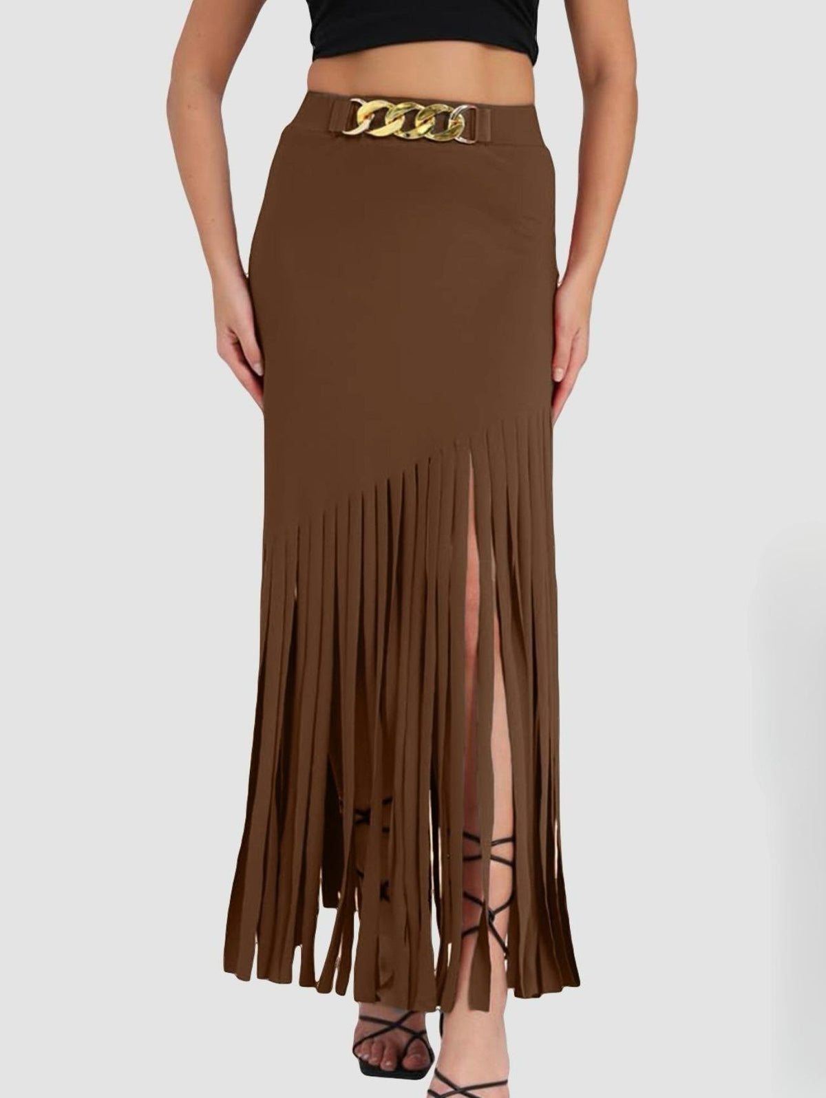 Chain Belt Fringe Trim Maxi Skirt - Brown