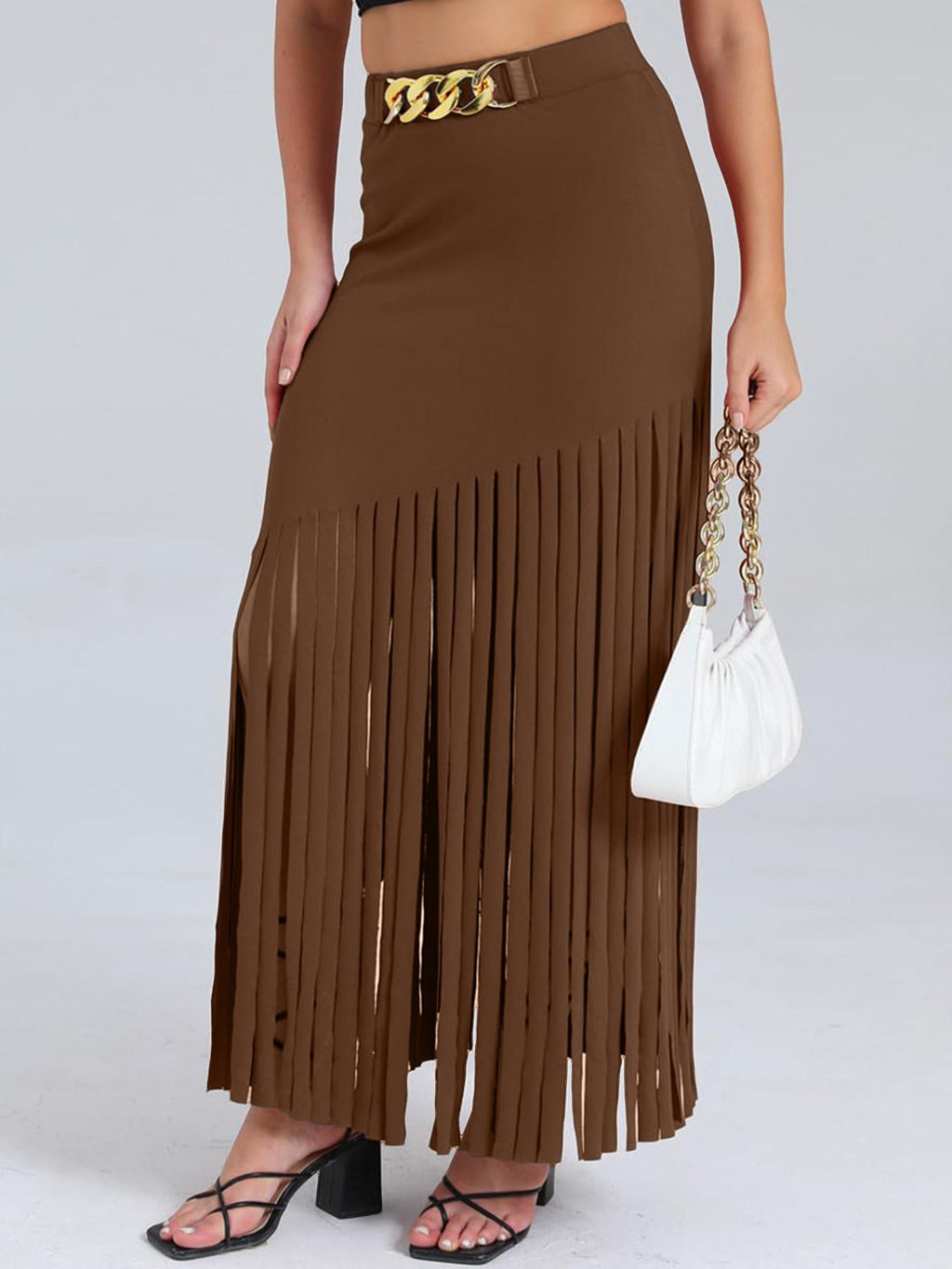 Chain Belt Fringe Trim Maxi Skirt - Brown - 1