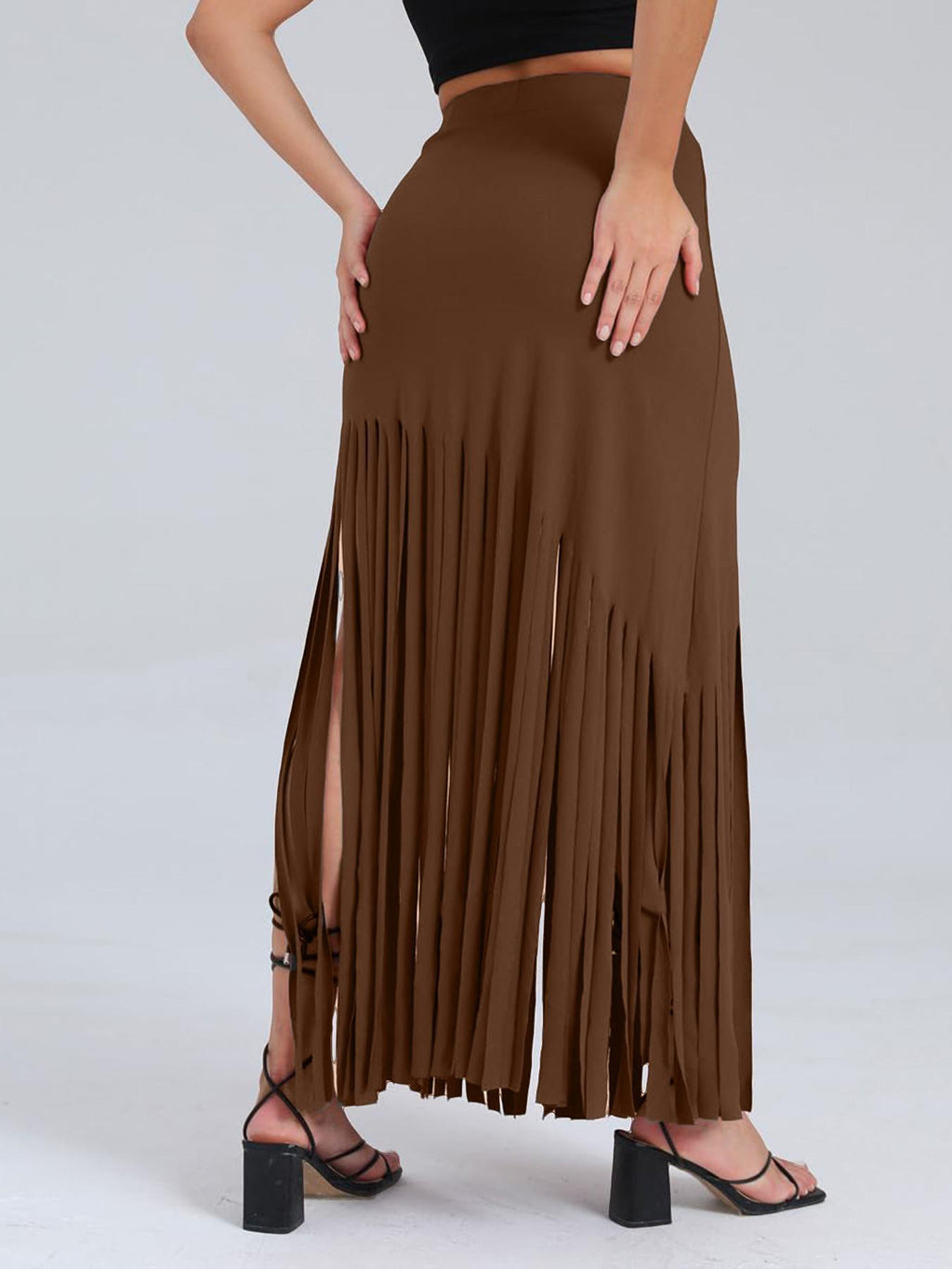 Chain Belt Fringe Trim Maxi Skirt - Brown - 2