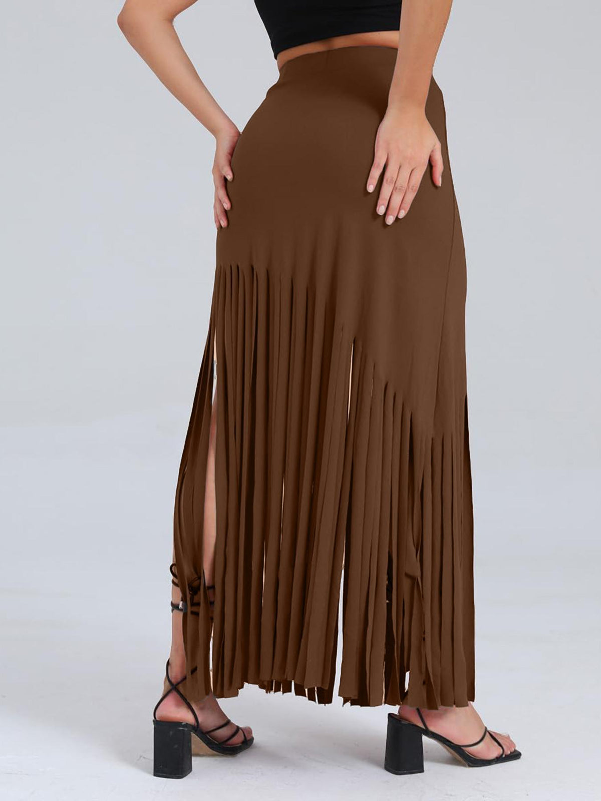 Chain Belt Fringe Trim Maxi Skirt - Brown - 2