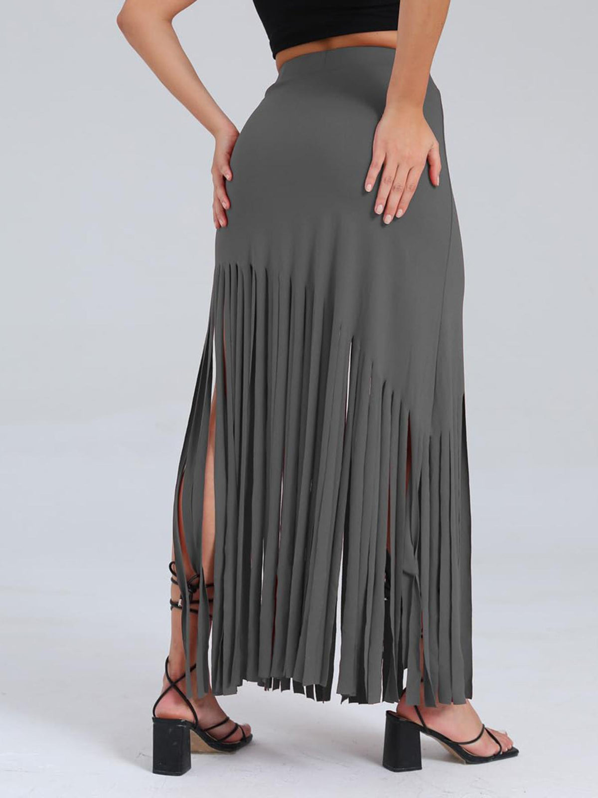 Chain Belt Fringe Trim Maxi Skirt - Darkgray - 1
