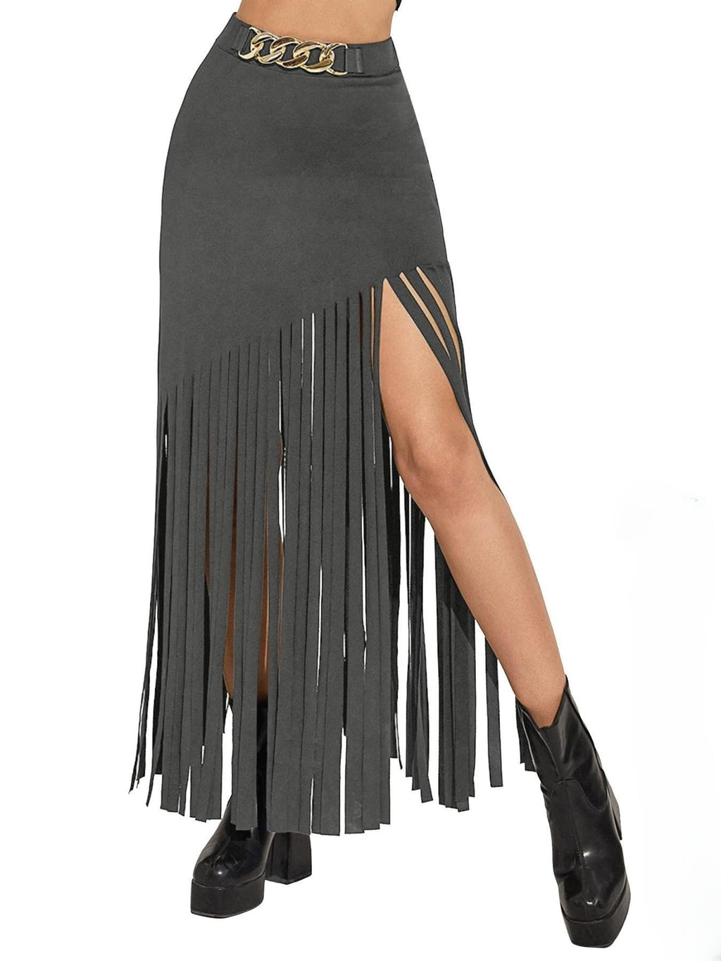 Chain Belt Fringe Trim Maxi Skirt - Darkgray - 4