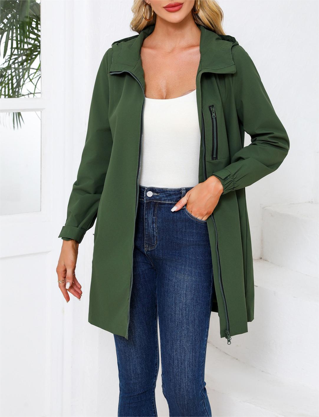 Hooded Longline Windbreaker Rain Coat - Green - 1