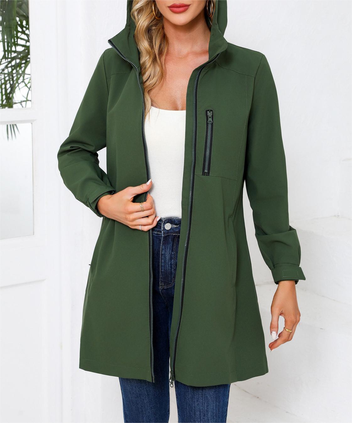 Hooded Longline Windbreaker Rain Coat - Green - 2
