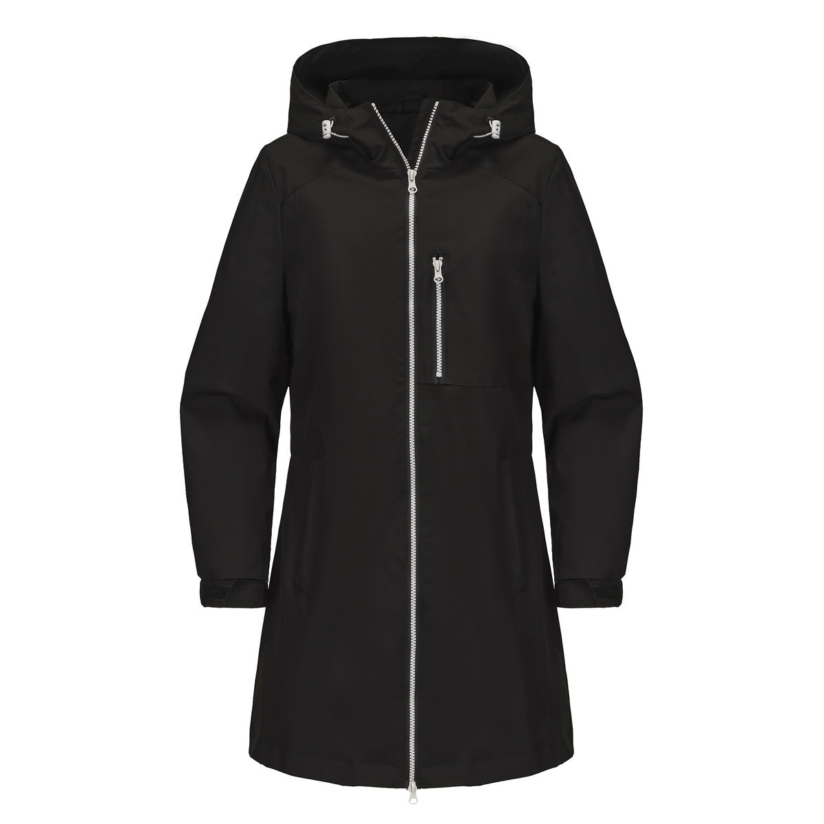 Hooded Longline Windbreaker Rain Coat - black