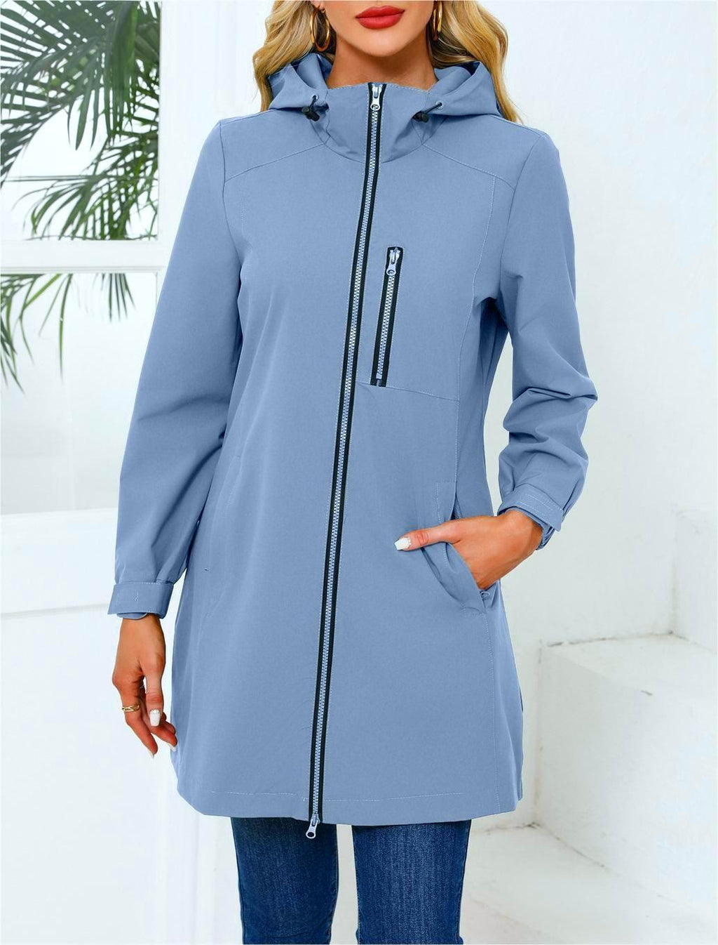 Hooded Longline Windbreaker Rain Coat