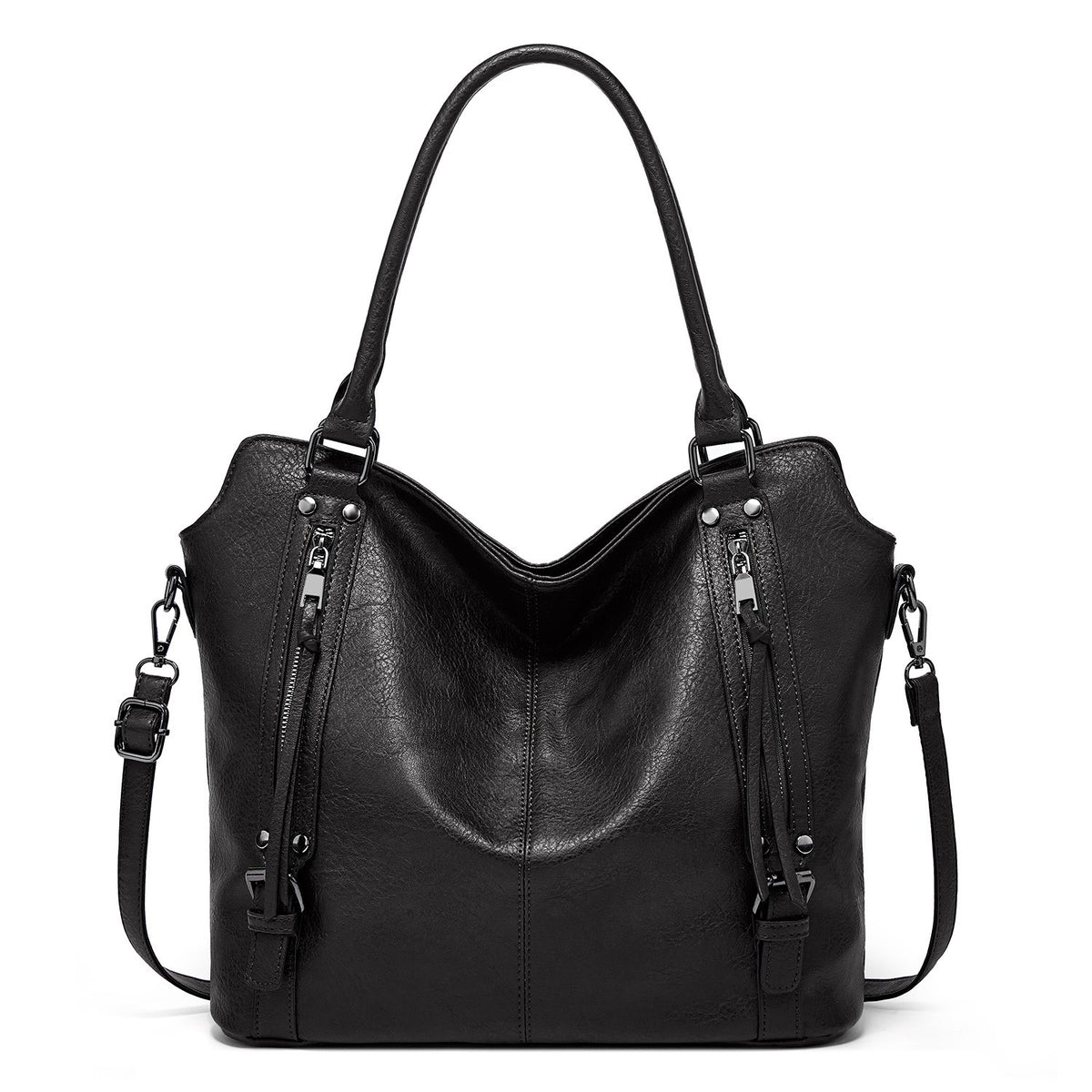 Faux Leather Hobo Tote with Crossbody Strap - Black