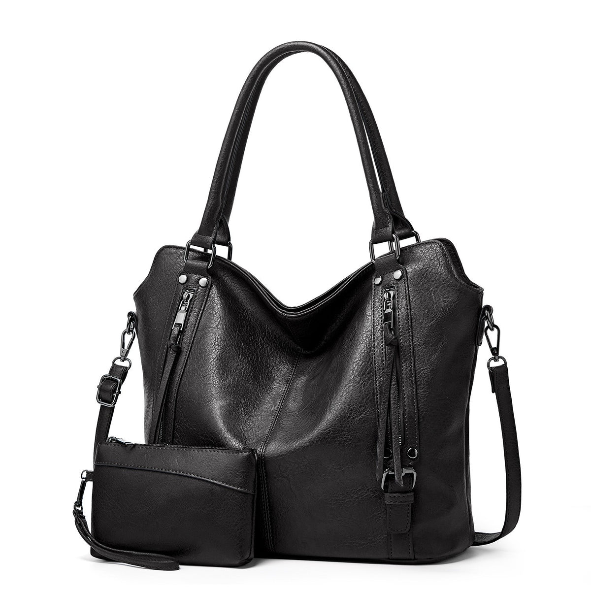 Faux Leather Hobo Tote with Crossbody Strap - Black with Pouch