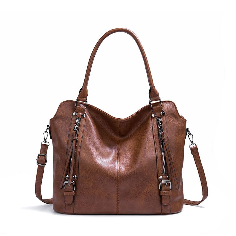 Faux Leather Hobo Tote with Crossbody Strap - Brown