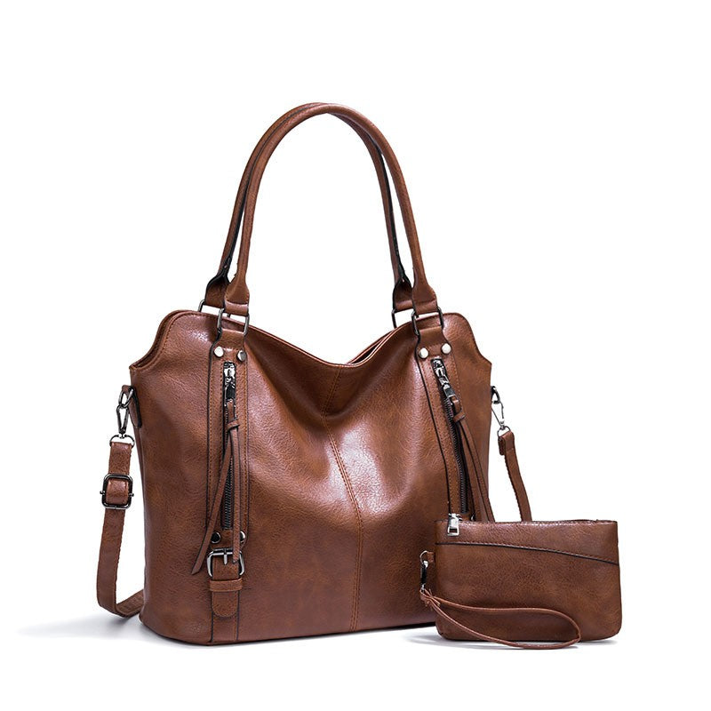 Faux Leather Hobo Tote with Crossbody Strap - Brown with Pouch