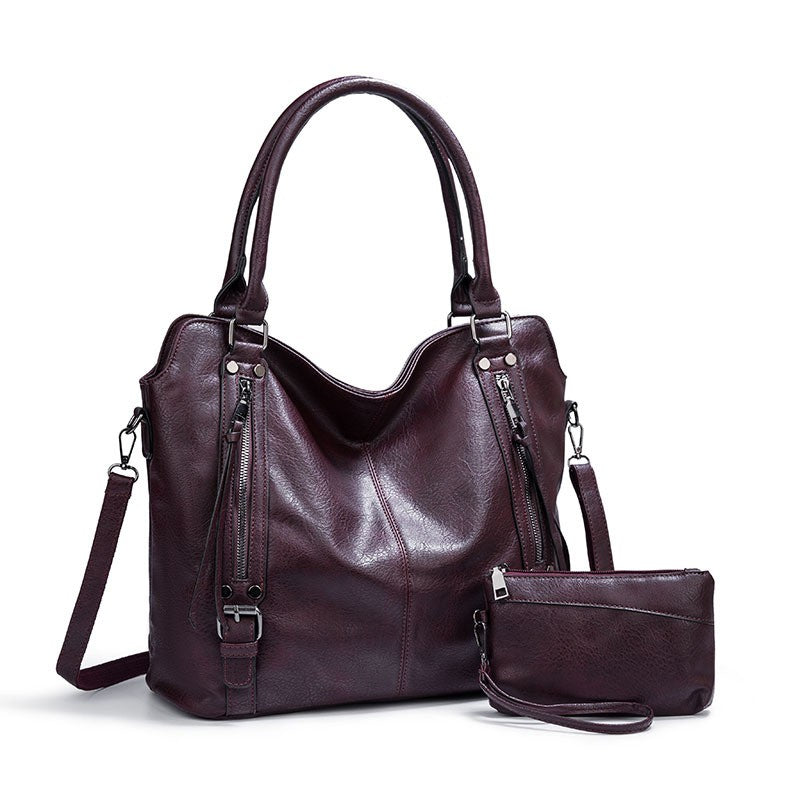 Faux Leather Hobo Tote with Crossbody Strap - Burgundy with Pouch