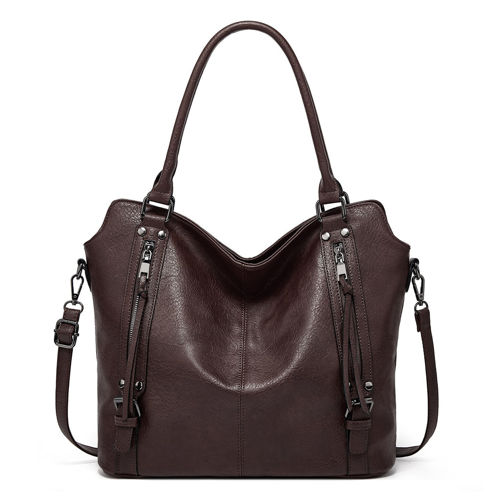 Faux Leather Hobo Tote with Crossbody Strap - Coffee