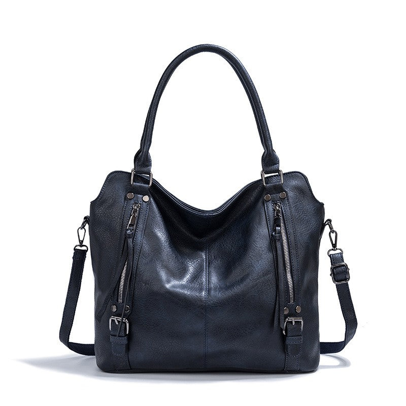 Faux Leather Hobo Tote with Crossbody Strap - Navy