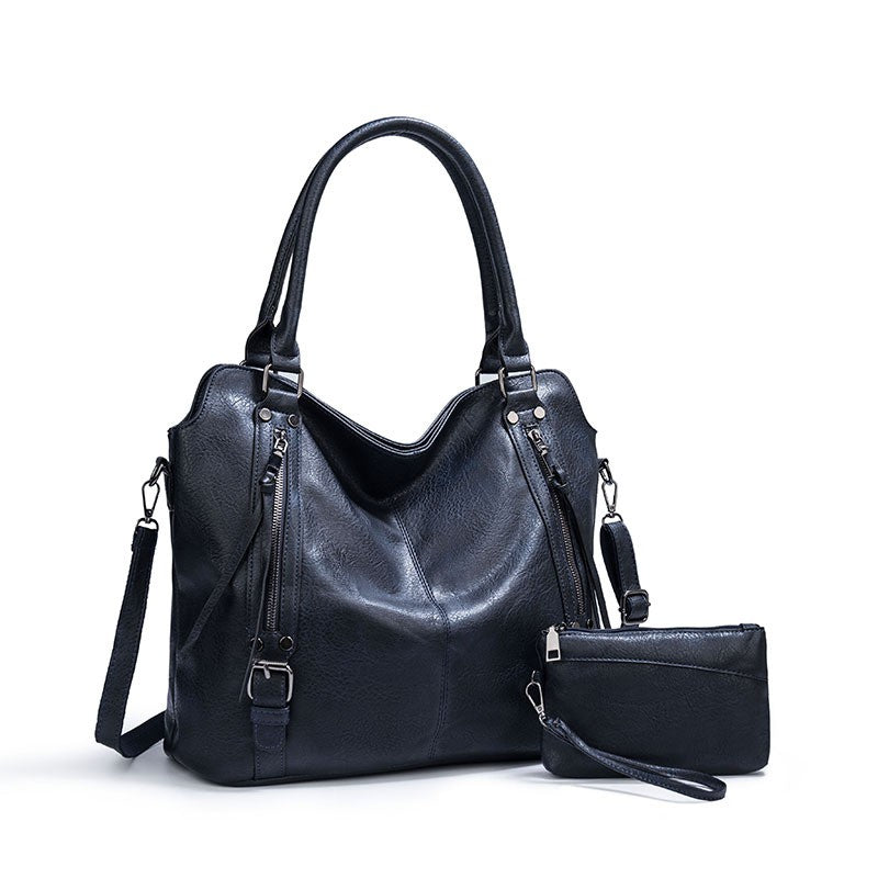 Faux Leather Hobo Tote with Crossbody Strap - Navy with Pouch