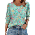 Smocked Cuff Three Quarter Sleeve Top - Flower
