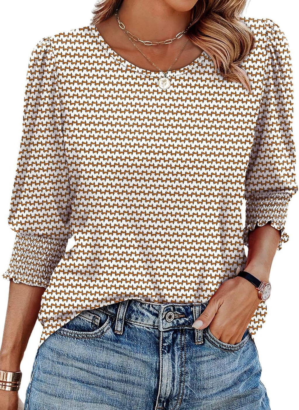 Smocked Cuff Three Quarter Sleeve Top - Khaki