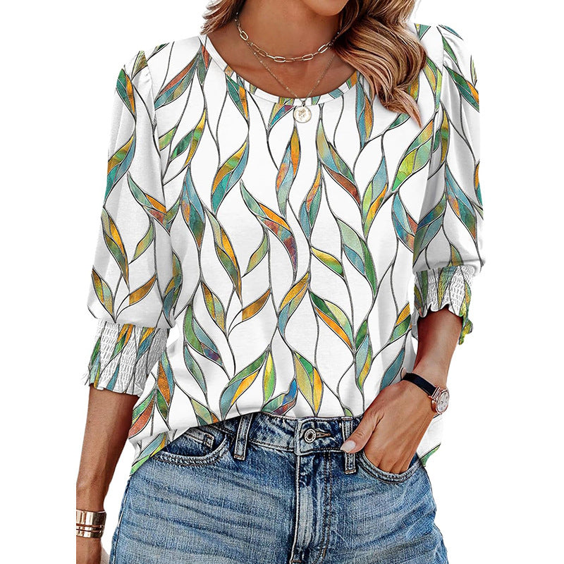 Smocked Cuff Three Quarter Sleeve Top - Leaf