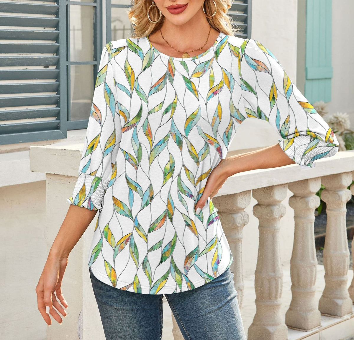 Smocked Cuff Three Quarter Sleeve Top - view 3