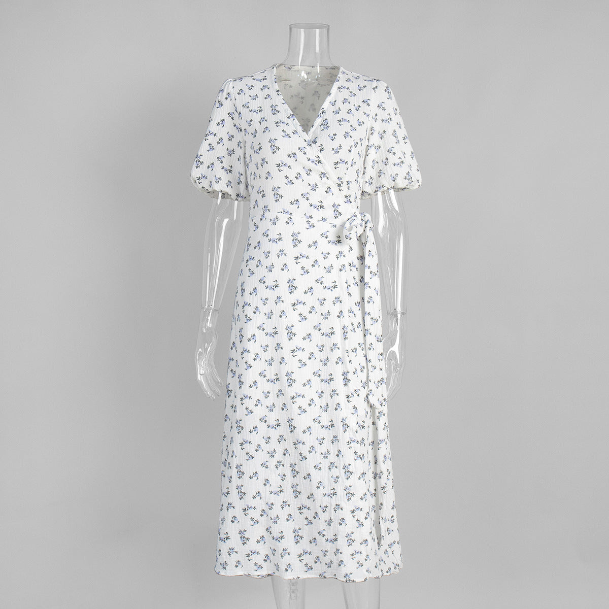 Ditsy Floral Puff Sleeve Wrap Midi Dress - Lavender