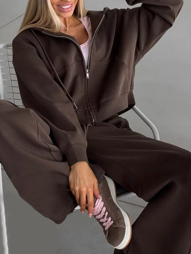 Zip Hoodie and Wide Leg Pant Set - Brown - 1