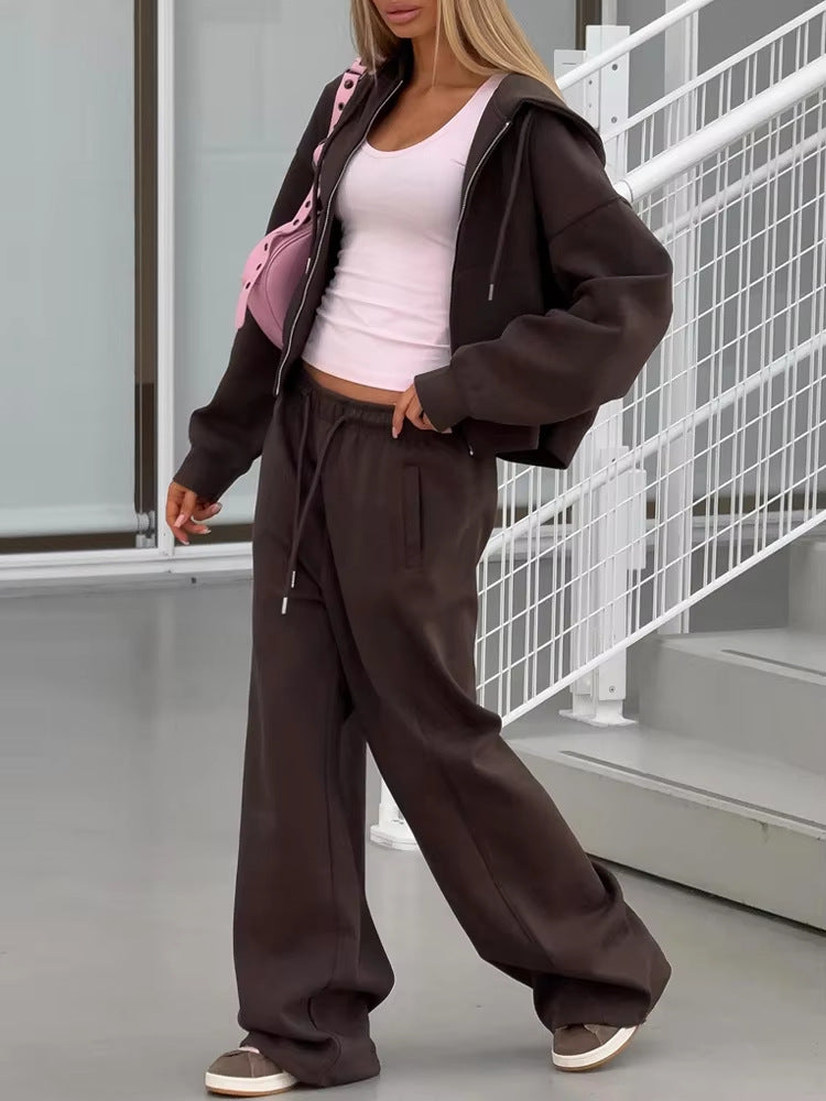 Zip Hoodie and Wide Leg Pant Set - Brown - 2