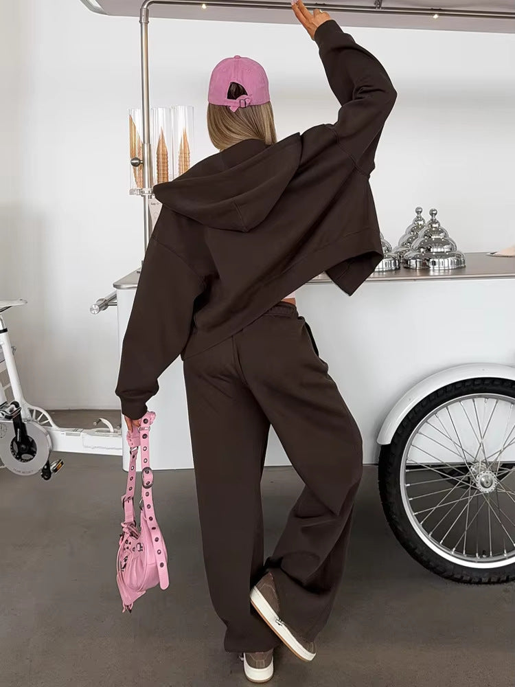 Zip Hoodie and Wide Leg Pant Set - Brown - 3