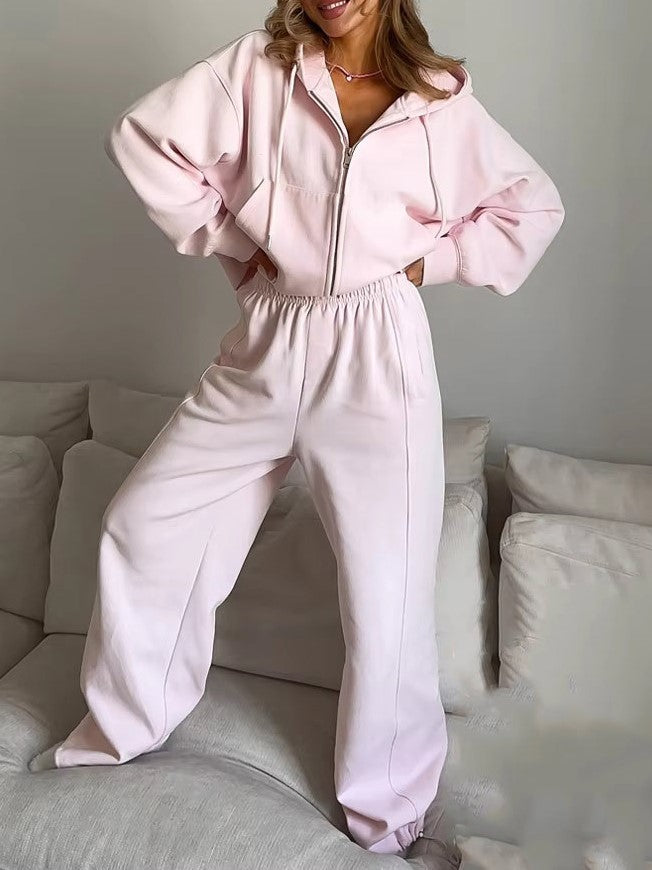 Zip Hoodie and Wide Leg Pant Set - Pink