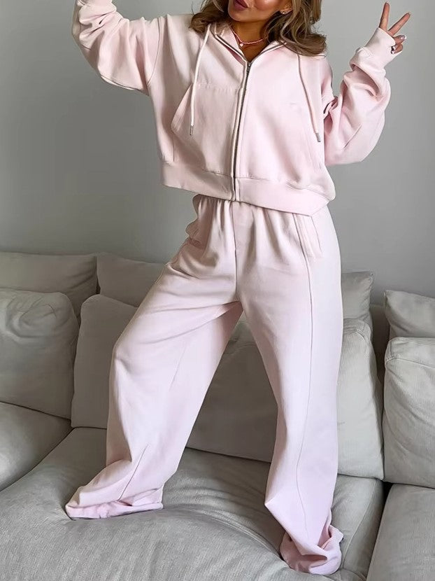 Zip Hoodie and Wide Leg Pant Set - Pink - 3