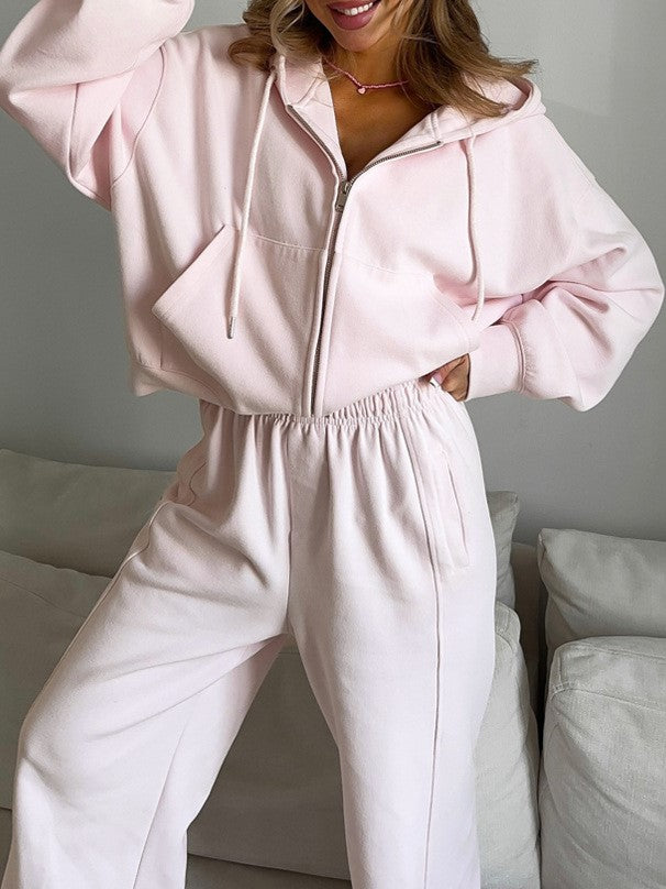Zip Hoodie and Wide Leg Pant Set - Pink - 4