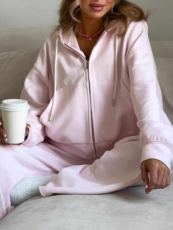 Zip Hoodie and Wide Leg Pant Set - Pink - 5