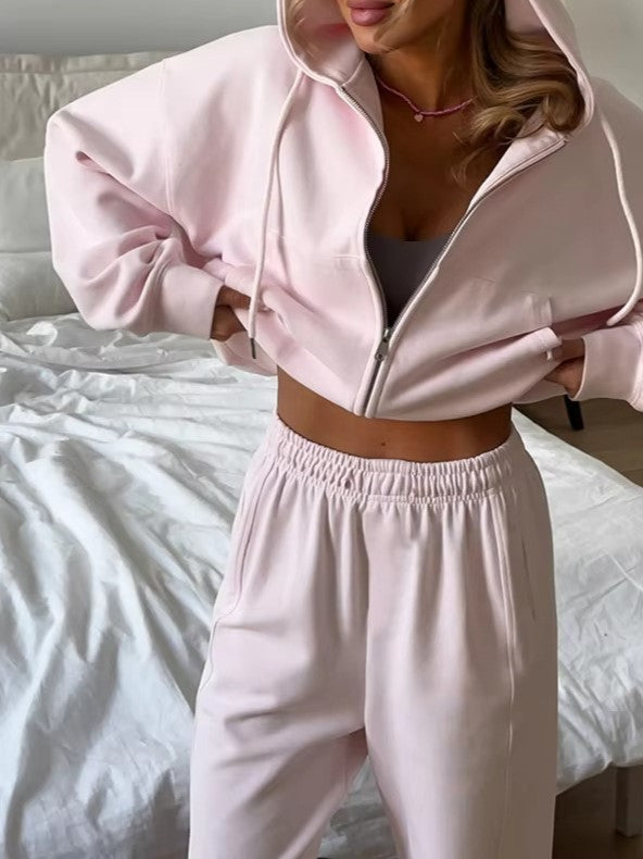 Zip Hoodie and Wide Leg Pant Set - Pink - 6