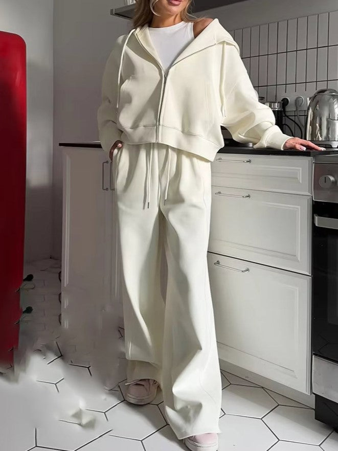 Zip Hoodie and Wide Leg Pant Set - White