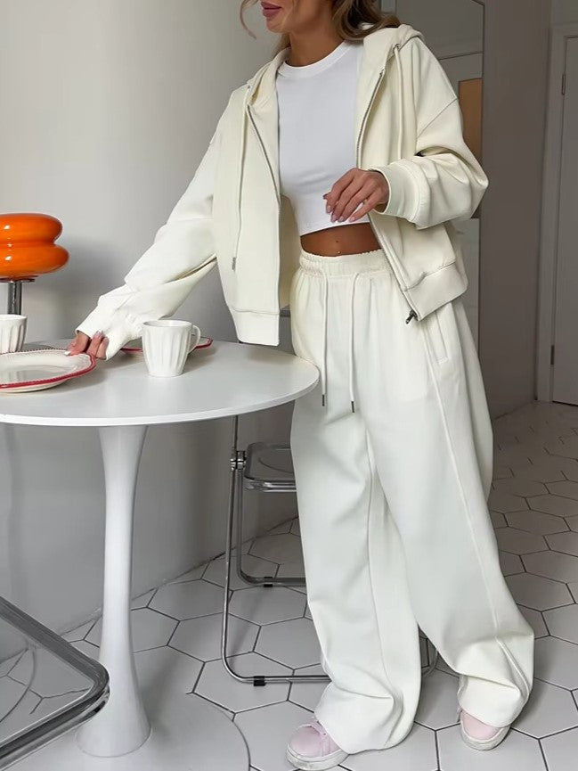 Zip Hoodie and Wide Leg Pant Set - White - 1
