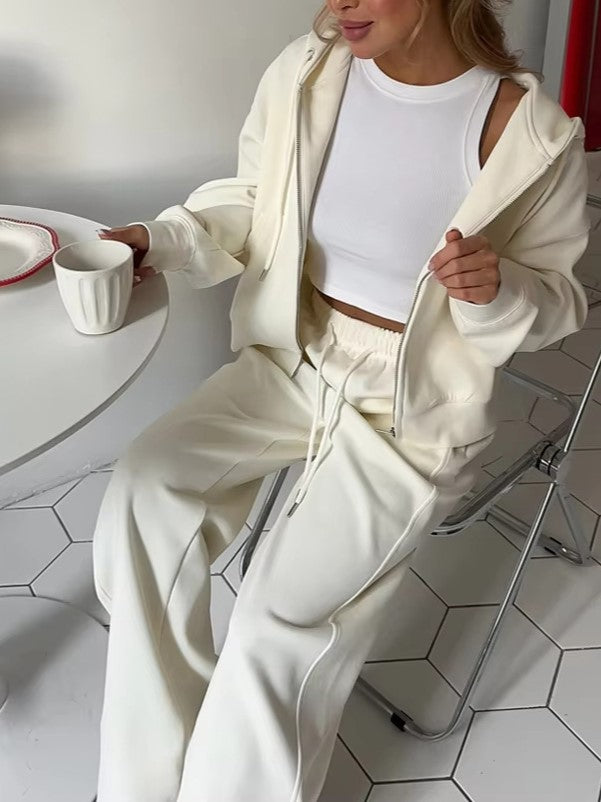 Zip Hoodie and Wide Leg Pant Set - White - 2