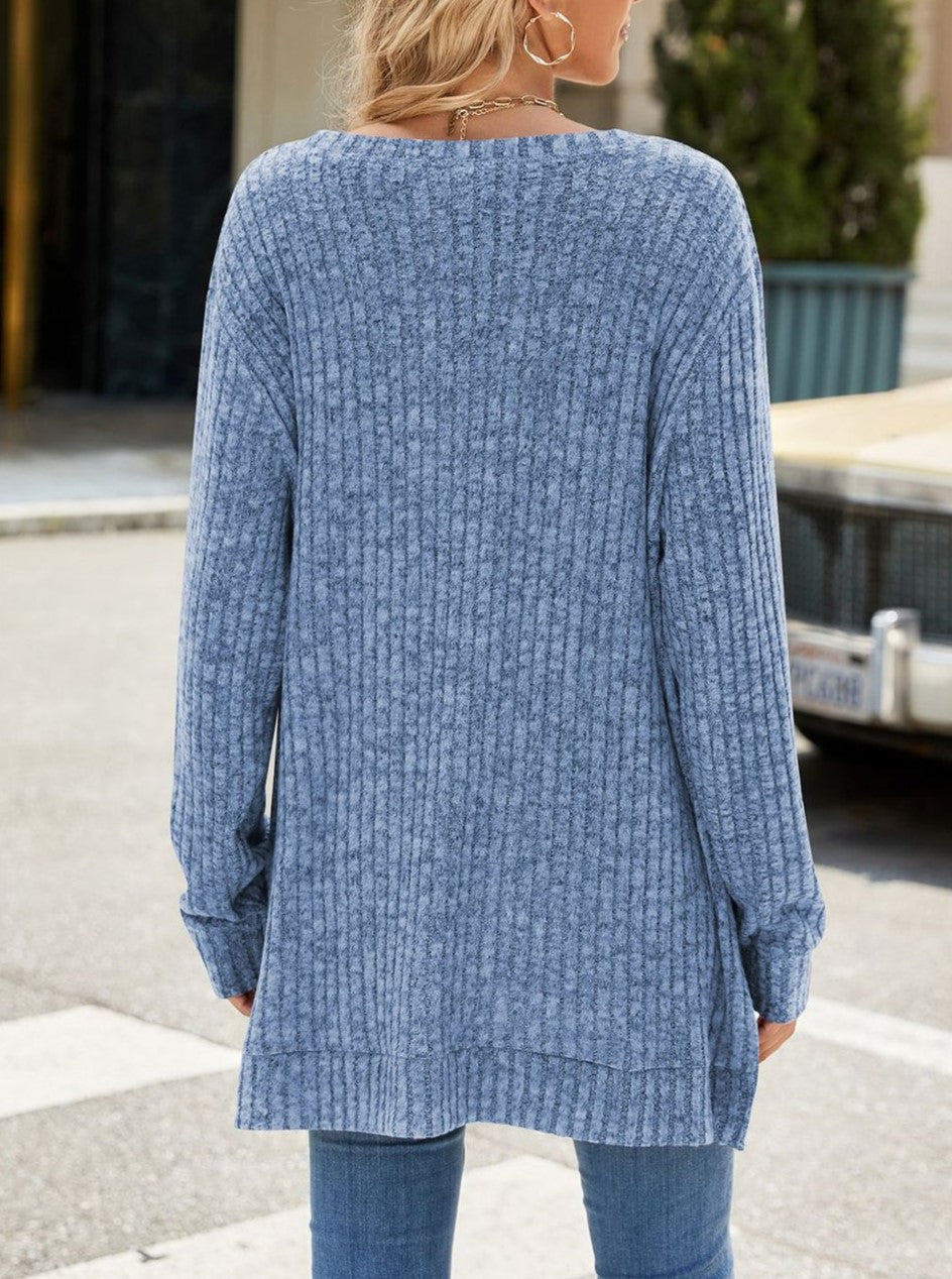 Ribbed Knit Side Slit Tunic Top - Blue - 1