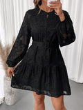 Textured Jacquard Belted Ruffle Hem Mini Dress - Black