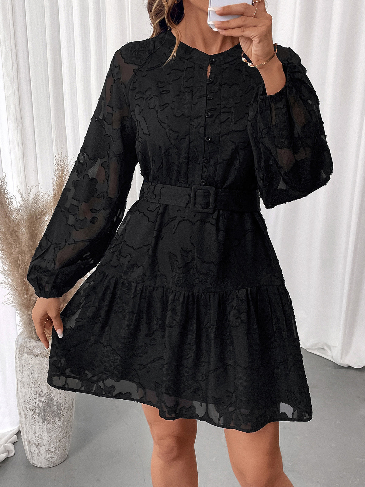 Textured Jacquard Belted Ruffle Hem Mini Dress - Black