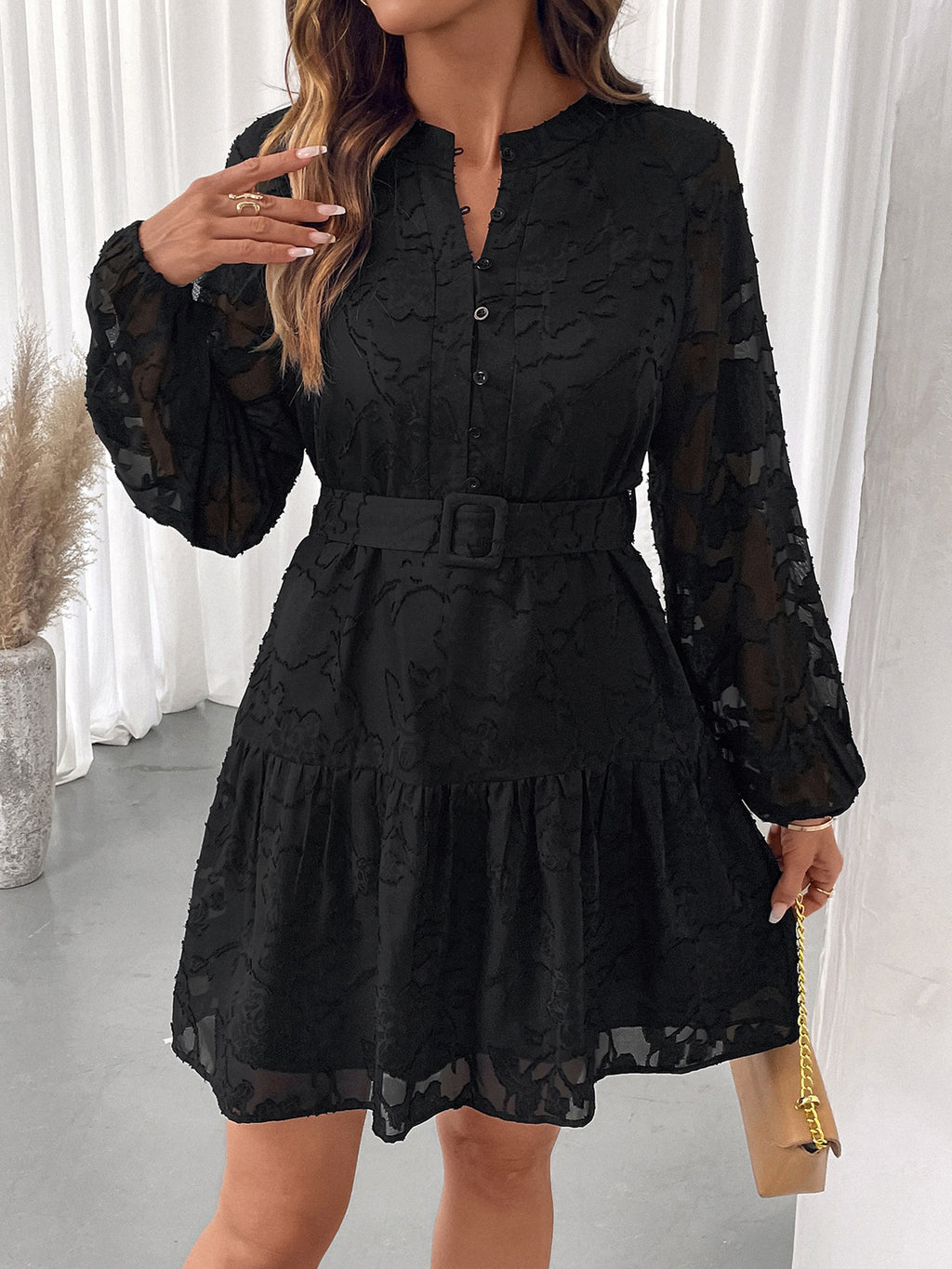 Textured Jacquard Belted Ruffle Hem Mini Dress - Black - 3