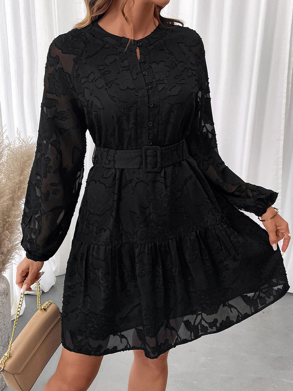 Textured Jacquard Belted Ruffle Hem Mini Dress - Black - 4