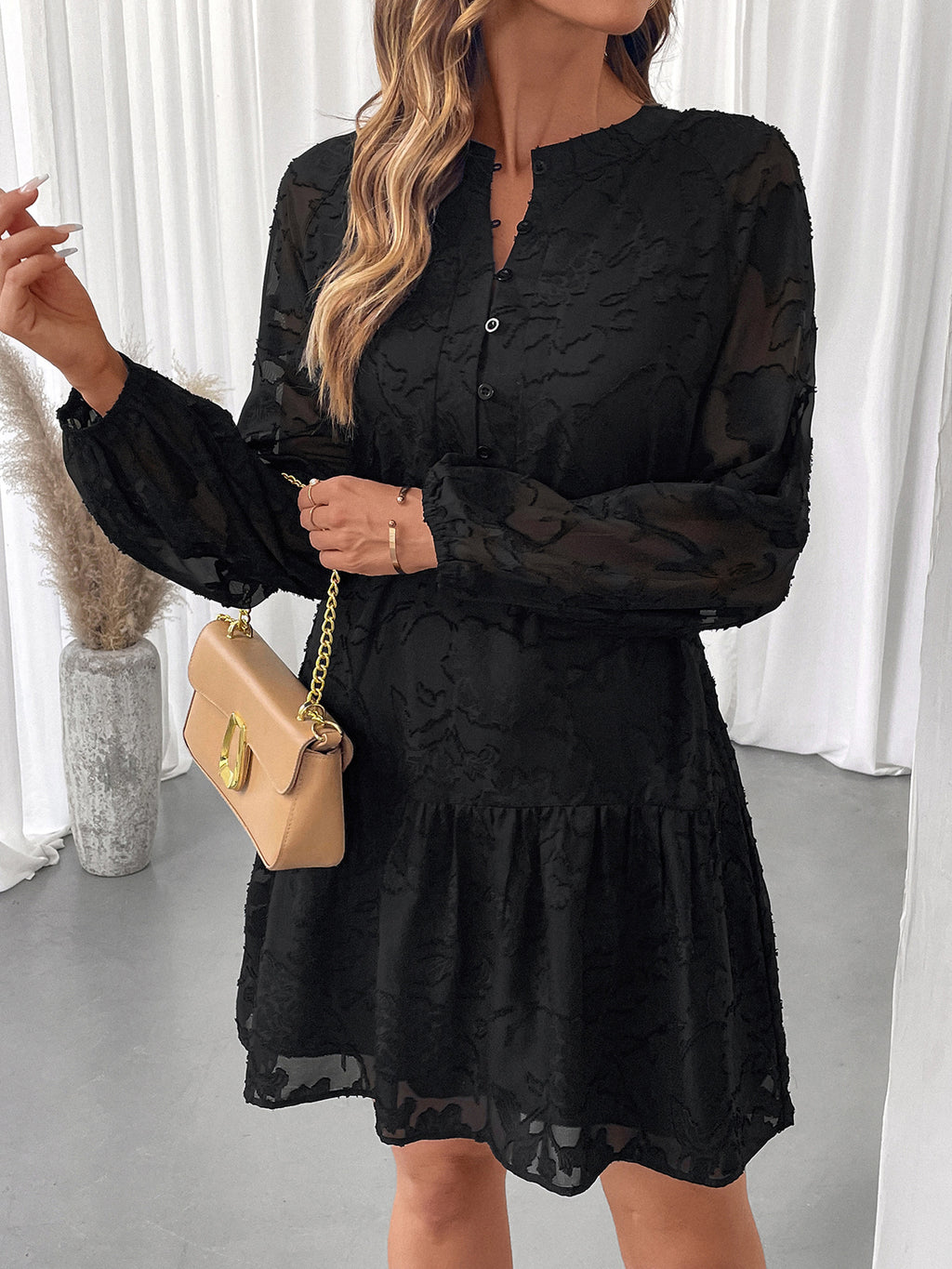 Textured Jacquard Belted Ruffle Hem Mini Dress - view 1