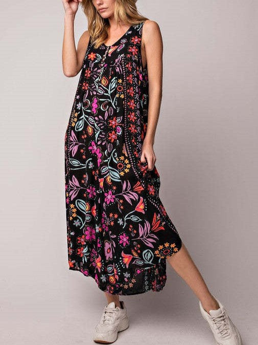 Boho Floral Wide Leg Culotte Jumpsuit - Black