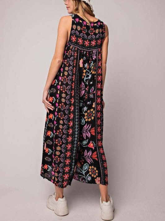 Boho Floral Wide Leg Culotte Jumpsuit - Black - 1