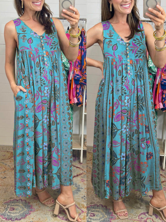 Boho Floral Wide Leg Culotte Jumpsuit - Blue