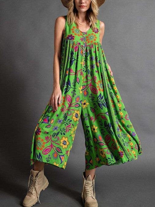 Boho Floral Wide Leg Culotte Jumpsuit - Green