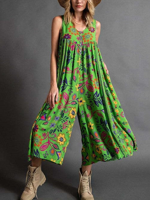 Boho Floral Wide Leg Culotte Jumpsuit - Green - 1